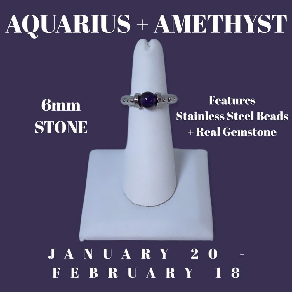 NWT Wool + Pepper Co. Zodiac + Gemstone - Aquarius + Amethyst Ring (Silver) 6mm